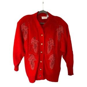Belldini Luxurious Angora/Lambs Wool Grape Embellished Cardigan Sweater Red Med